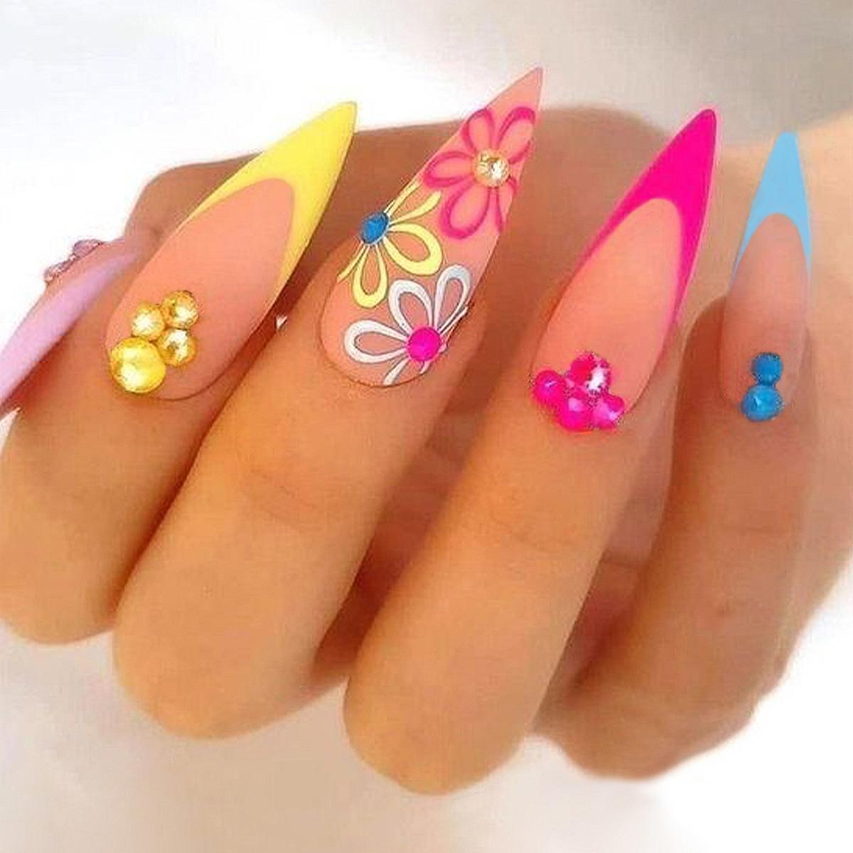 Rainbow Small Flower Wear Drop Shape Pointed Toe Nail Tip Rhinestone Wearable French